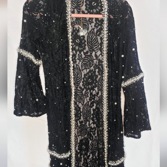 Crystal & Pearl Embellished Boho Sheer Tassel Designer Robe - Picture 4 of 8